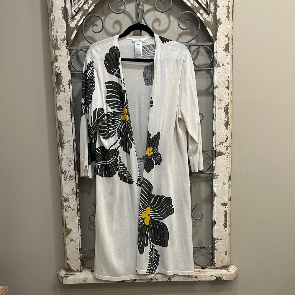 Chico's White Cardigan with Black Floral Accent Size XXL